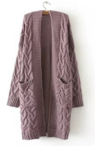 Women Clothing Autumn Winter Twist Knitted Sweater Cardigan Mid-Length Coat