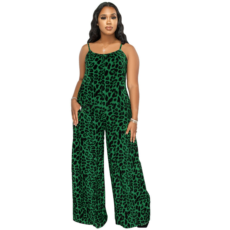 Plus Size New Jumpsuit Summer Leopard Print Sling Casual Jumpsuit
