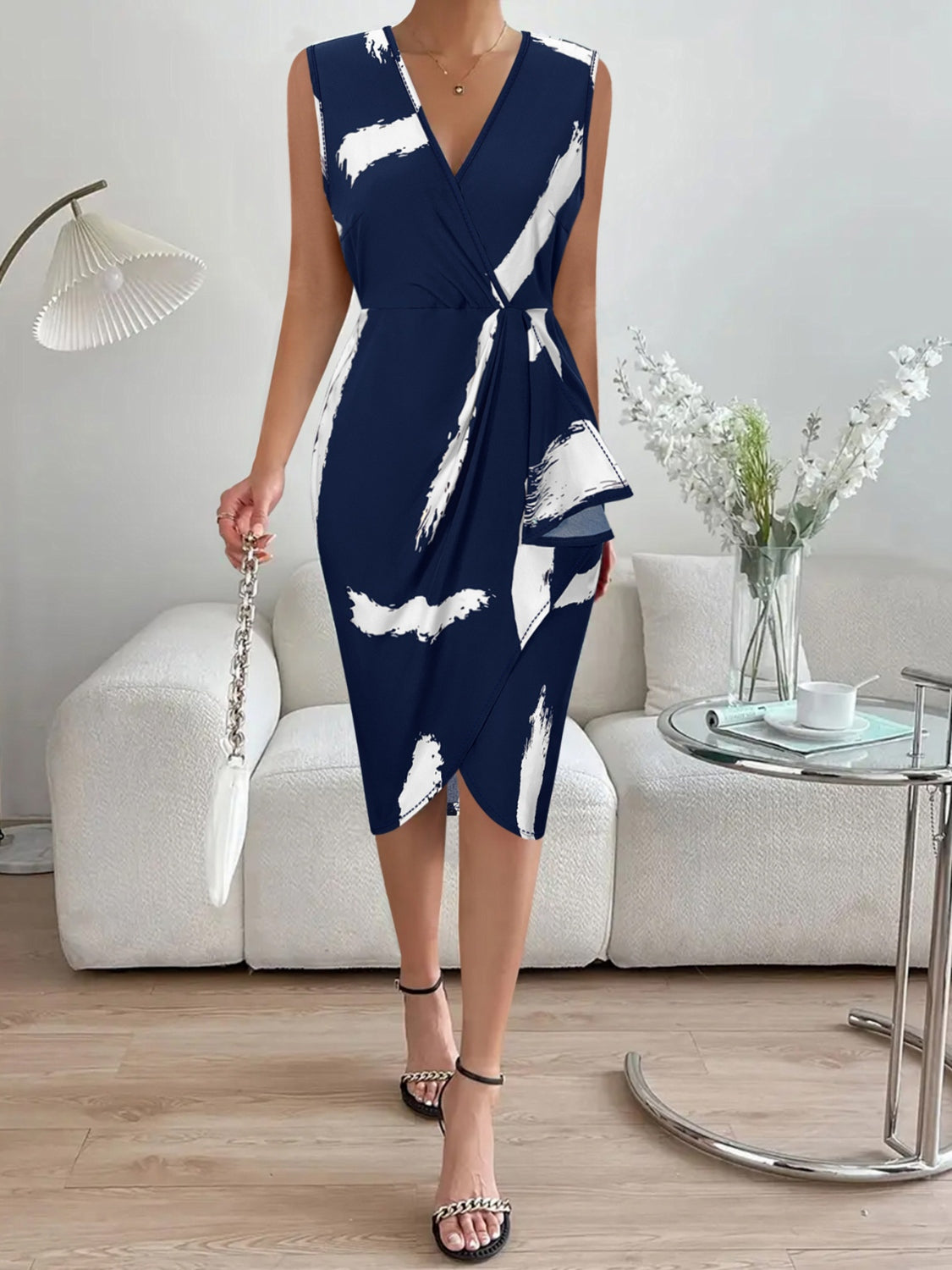 Printed Surplice Sleeveless Knee Length Dress