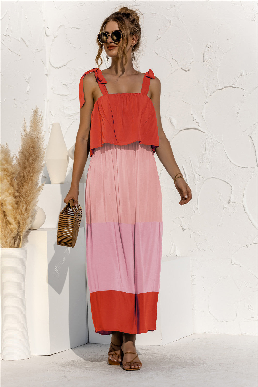 Color Block Tie Shoulder Tiered Sleeveless Dress