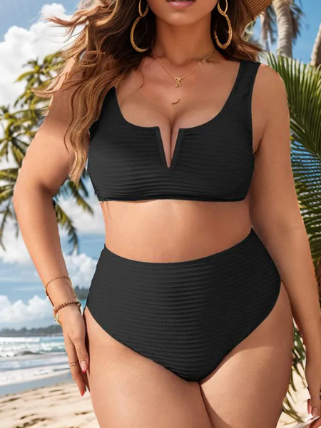 Women's Solid Textured V-Wired Wireless Bra Top & High Waist Bikini 2 Piece Swimsuit Set H8SMEUBABA