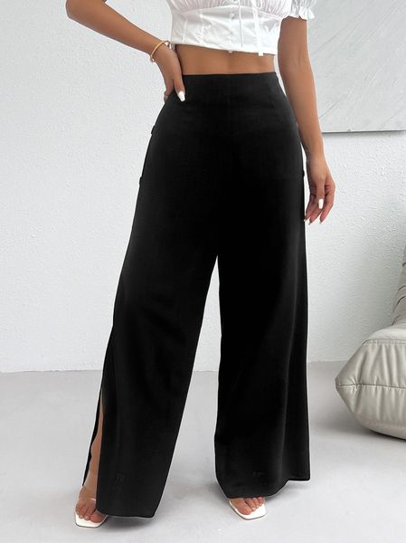 Women's Button Detail Zipper Wide-Leg Pants with Slit HW6SS3TYHH