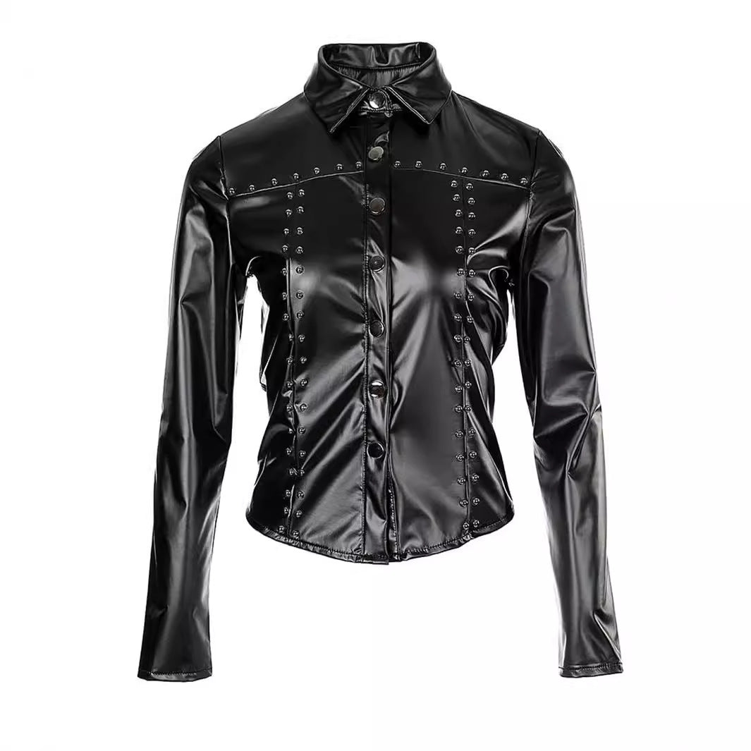 Fashionable High End Inlaid Decorative Soft Collared Leather Shirt Waist Tight Stretch Long Sleeve Leather Top Women Clothing