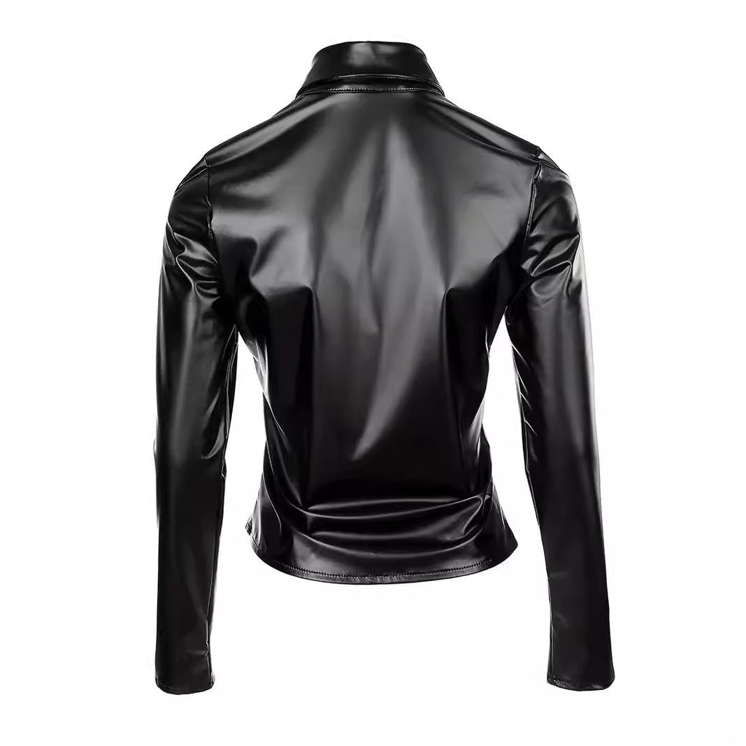 Fashionable High End Inlaid Decorative Soft Collared Leather Shirt Waist Tight Stretch Long Sleeve Leather Top Women Clothing