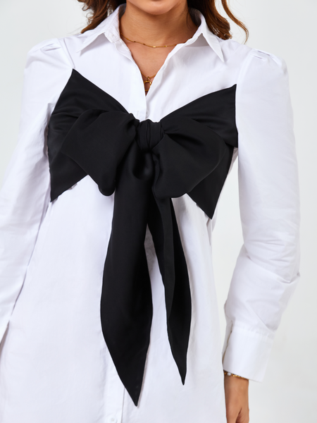Women's Dress Two Tone Bowknot Front Puff Sleeve Shirt Dress  H8L7FFR6B8