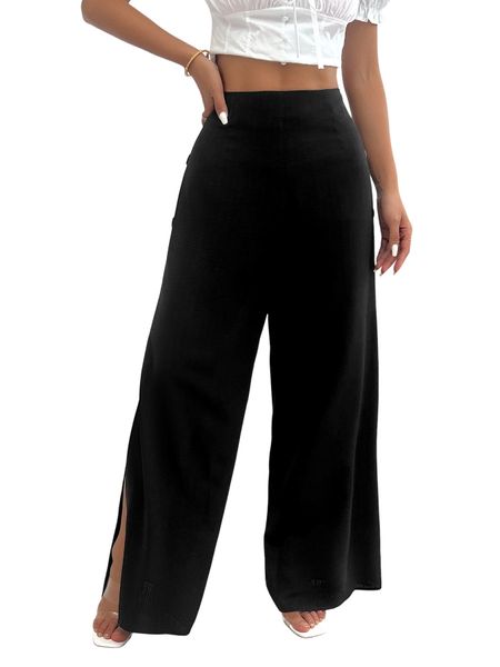 Women's Button Detail Zipper Wide-Leg Pants with Slit HW6SS3TYHH