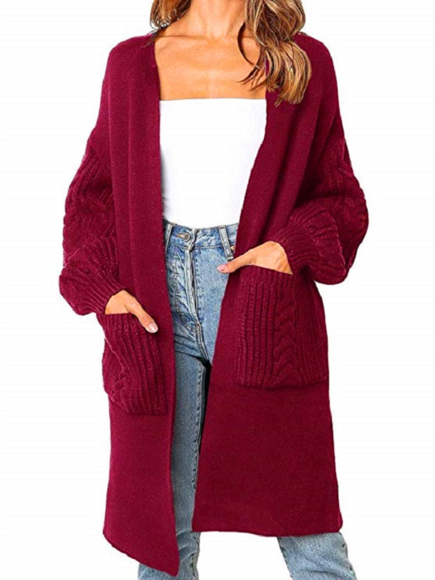 Sweater Autumn Winter Solid Color V-neck Twist Lantern Sleeve Knitted Cardigan Coat Sweater Women