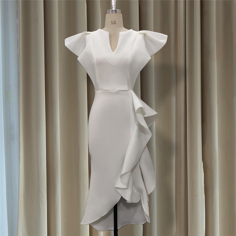 V-neck Flounce High Waist plus Size Slim Irregular Asymmetric Hem Women Dress White Dress