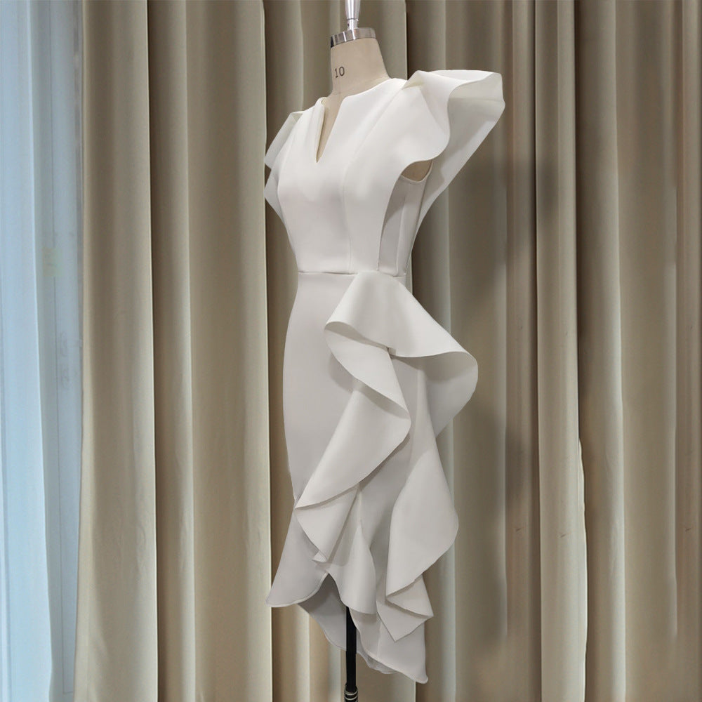 V-neck Flounce High Waist plus Size Slim Irregular Asymmetric Hem Women Dress White Dress