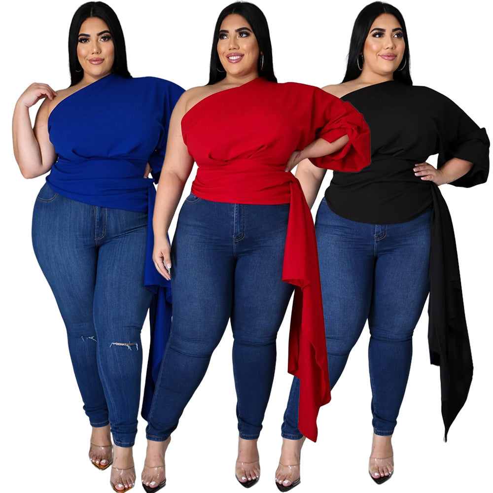 Plus Size Women  Solid Color Oblique Shoulder Puff Sleeve Asymmetric Top