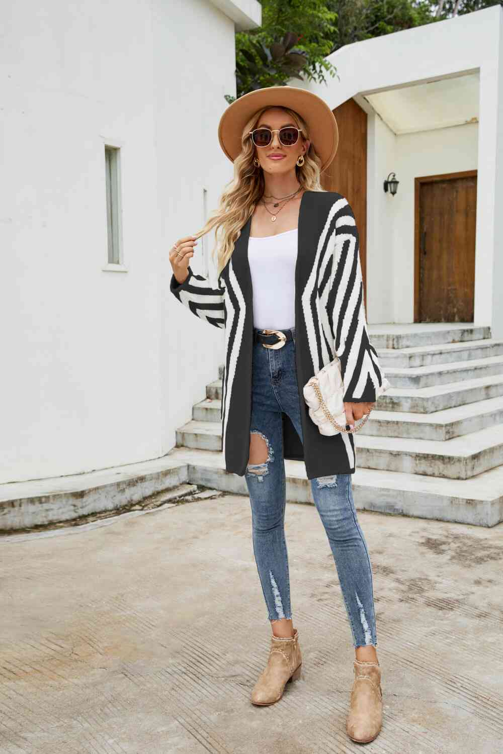 Woven Right Two-Tone Open Front Fuzzy Longline Cardigan
