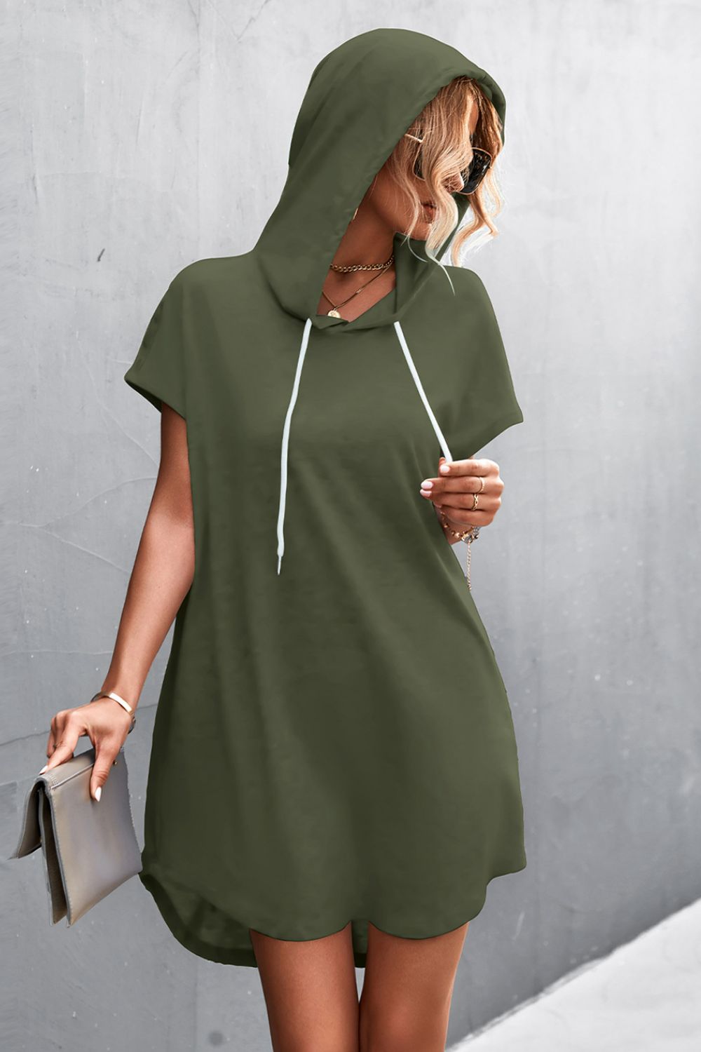 Two-Tone Drawstring Detail Hooded Dress