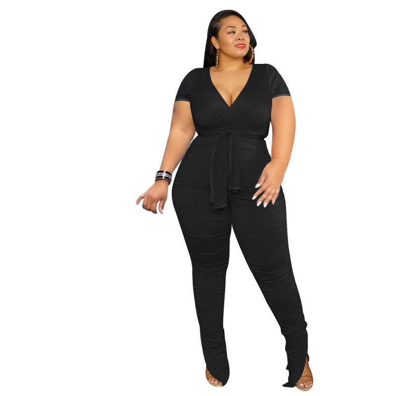 Plus Size Solid Color V-neck with Belt Fashion Sexy Tight  Women Casual Suit