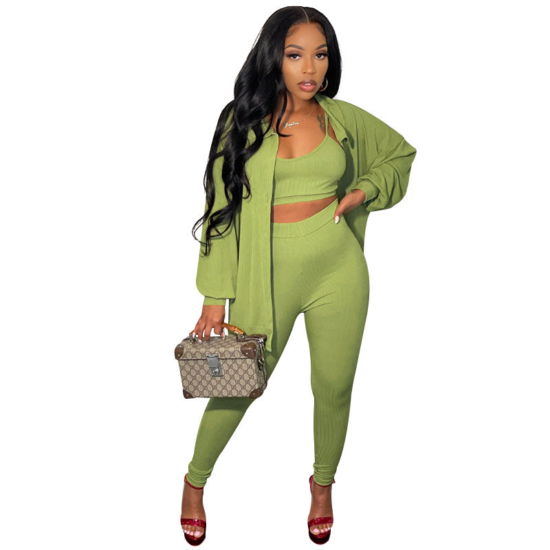 Autumn Winter Solid Color Sexy Vest Trend Single Breasted Women Three Piece Suit Casual Pants Suit