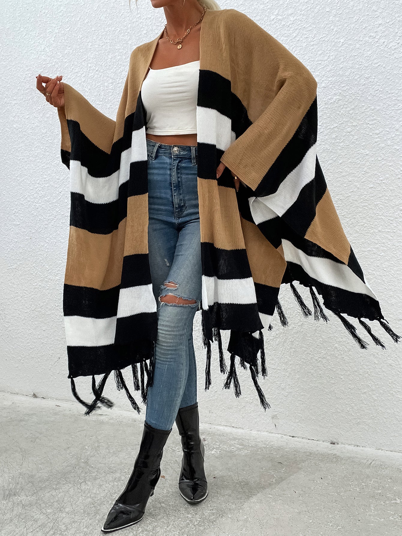 Autumn Winter Striped Contrast Color Tassel Shawl Sweater Cloak