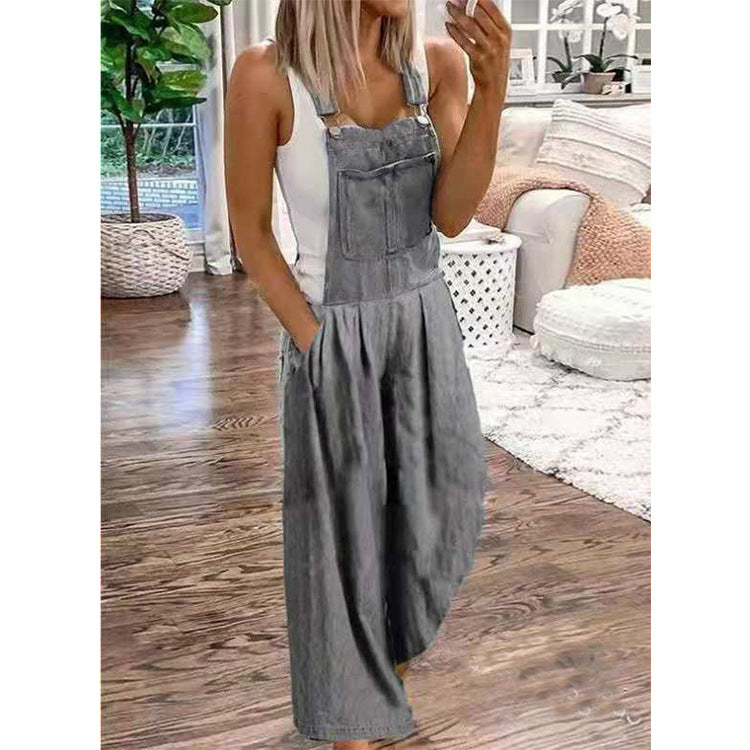 Women Denim Jumpsuit Summer Office Mid Waist Wash Wide Leg Jeans Thin Pants Women