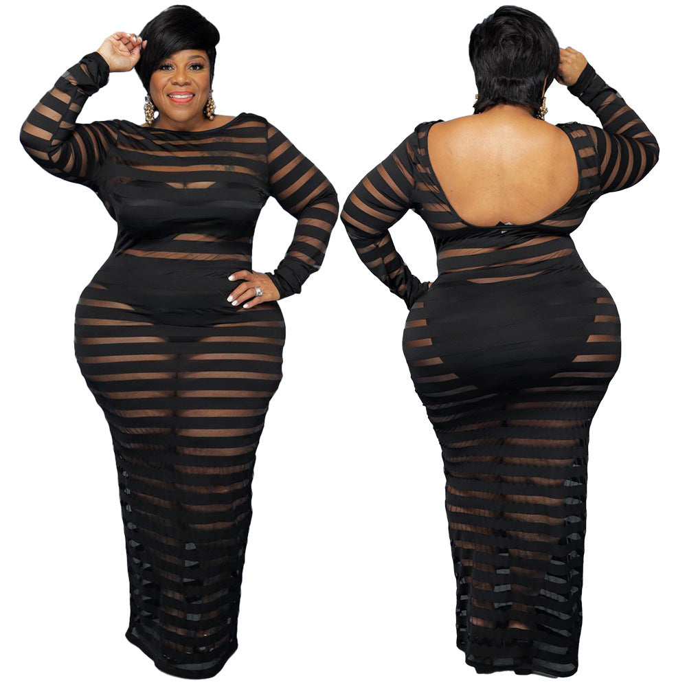 Plus Size Autumn New Sexy Women Clothing Breathable Mesh Stitching Solid Color Dress Nightclub Skirt