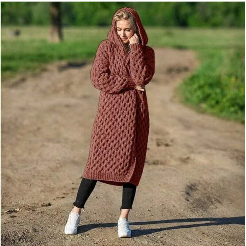 Autumn Winter Keep Warm Solid Color Women Clothing Long Knitted Sweater Hooded Cardigan Coat