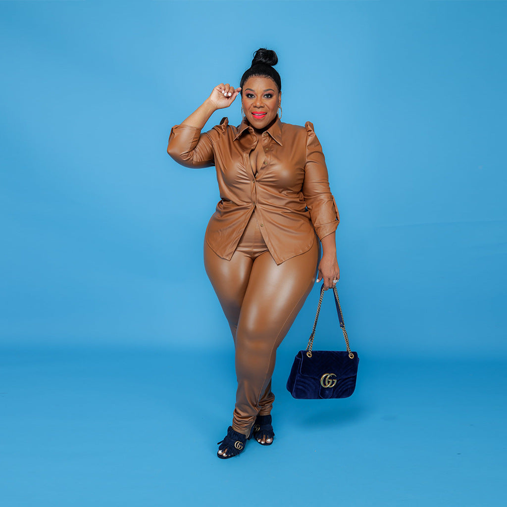 Plus Size Solid Color Leather Sexy  Women Two-Piece Suit