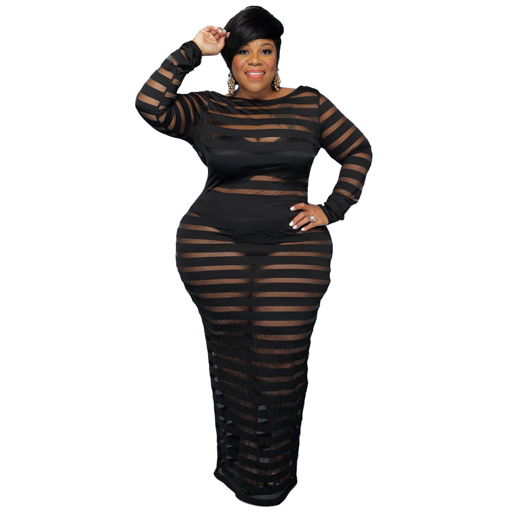 Plus Size Autumn New Sexy Women Clothing Breathable Mesh Stitching Solid Color Dress Nightclub Skirt