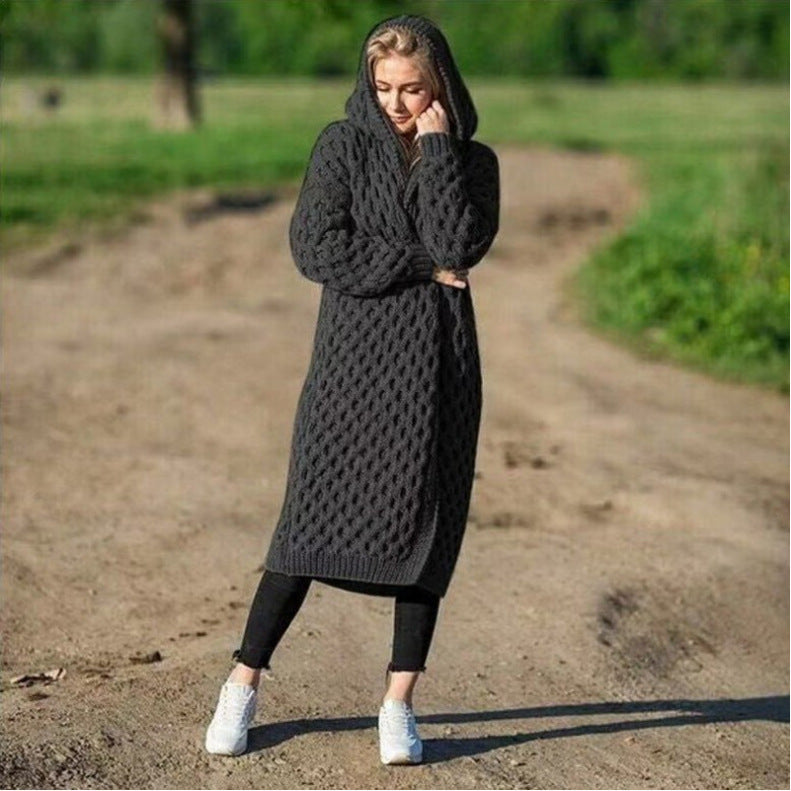 Autumn Winter Keep Warm Solid Color Women Clothing Long Knitted Sweater Hooded Cardigan Coat