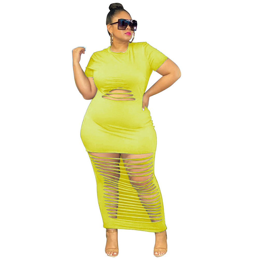 Plus Size Sexy Holes Solid Color Nightclub Skirt