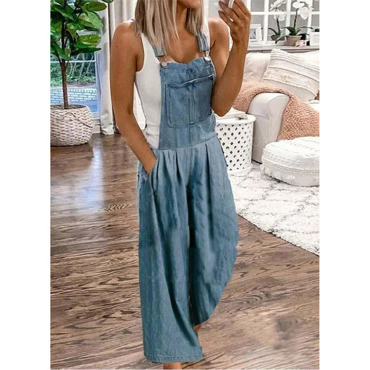 Women Denim Jumpsuit Summer Office Mid Waist Wash Wide Leg Jeans Thin Pants Women