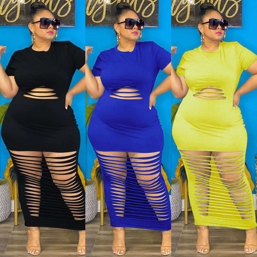 Plus Size Sexy Holes Solid Color Nightclub Skirt