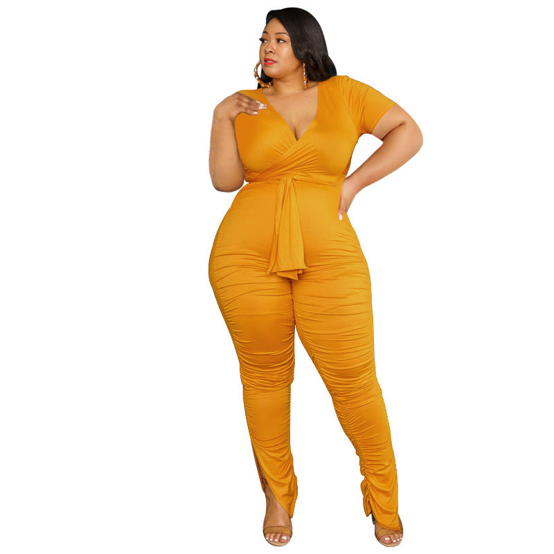 Plus Size Solid Color V-neck with Belt Fashion Sexy Tight  Women Casual Suit