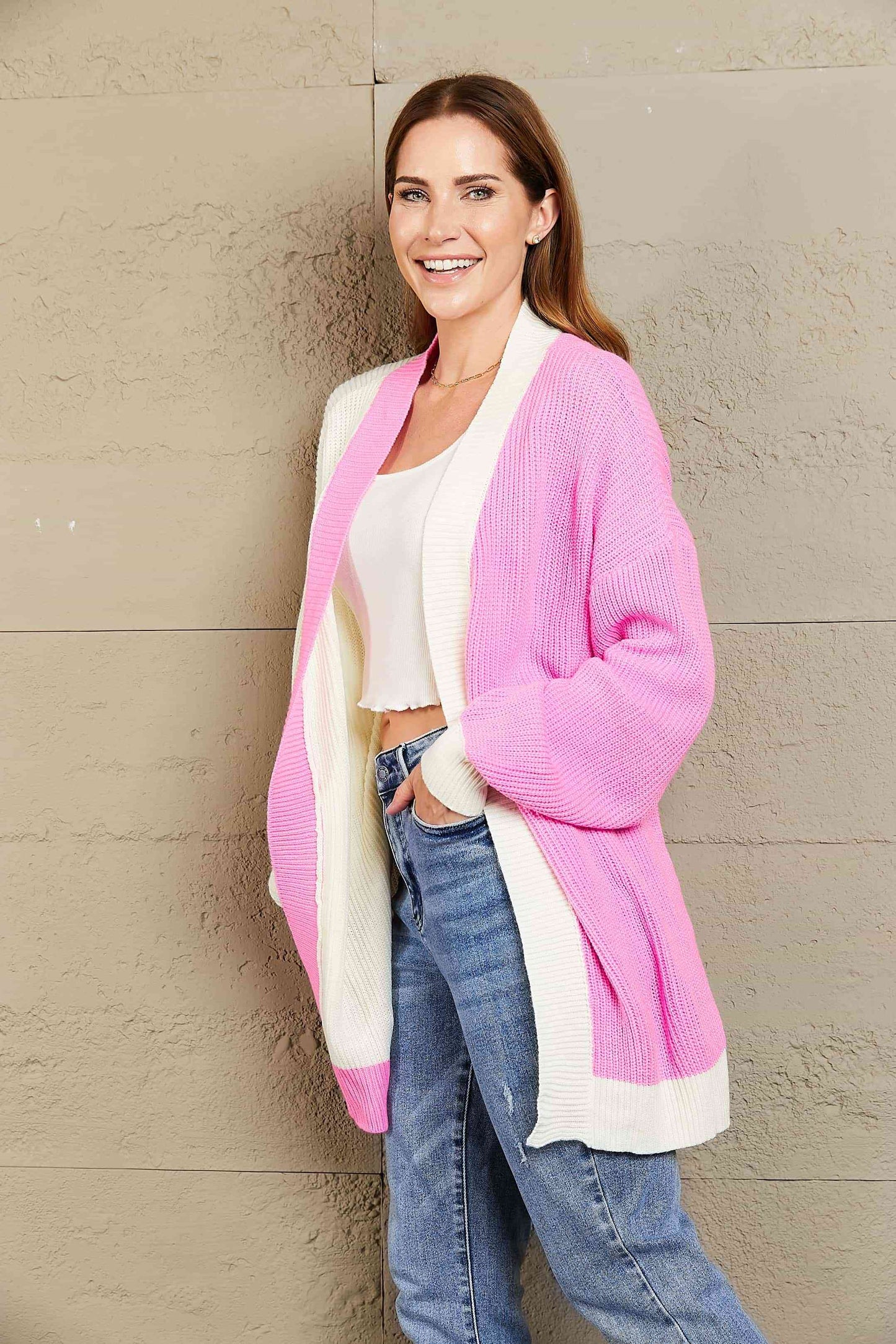 Woven Right Contrast Open Front Dropped Shoulder Longline Cardigan