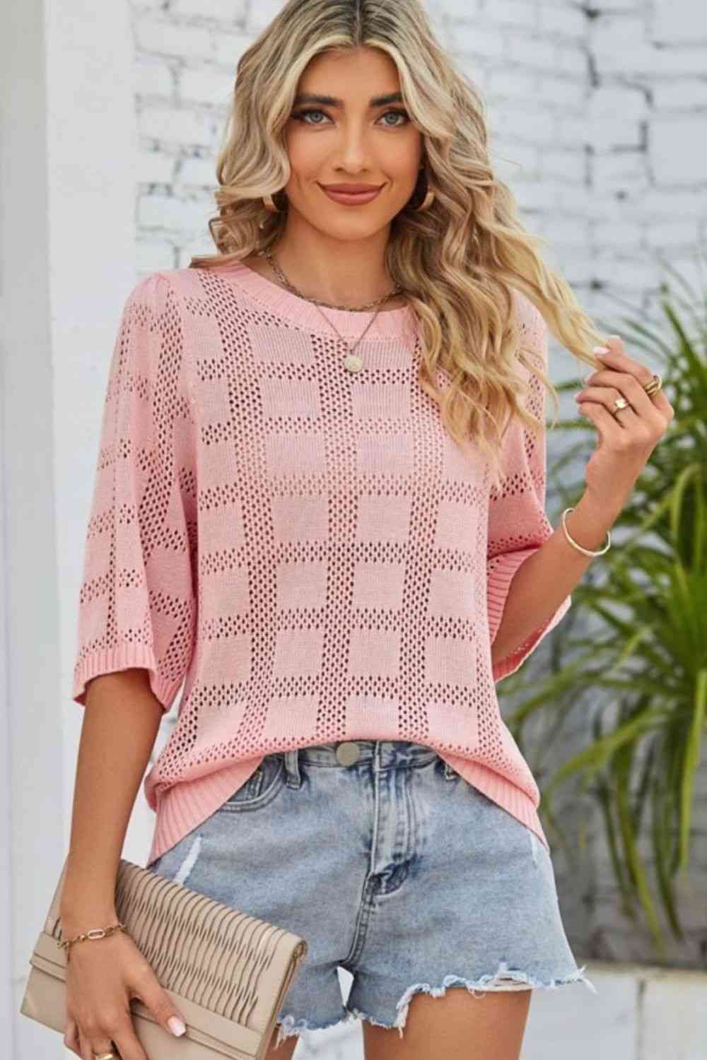Ribbed Trim Round Neck Knit Top