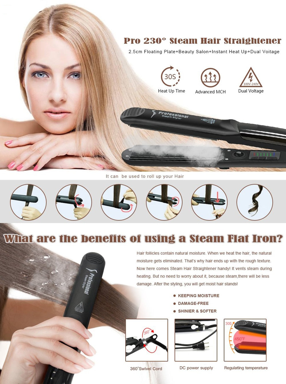 Professional Steam Hair Straightener Ceramic Vapor Hair Flat Iron Seam Hair Straightening Iron Curler Steamer Hair Styling Tool