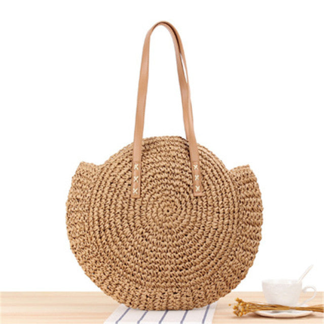 Large Capacity Round Zipper Fashionable Straw Woven Bag Handmade Summer Beach Travel Holiday Women Bags